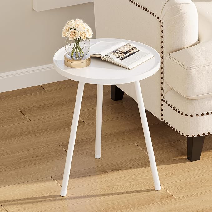 Round Side Table, Small End Table, Drink Table for Couch, Mini Tea Table for Sofa, Modern Accent Nightstand for Small Space, Living Room Bedroom LET521W