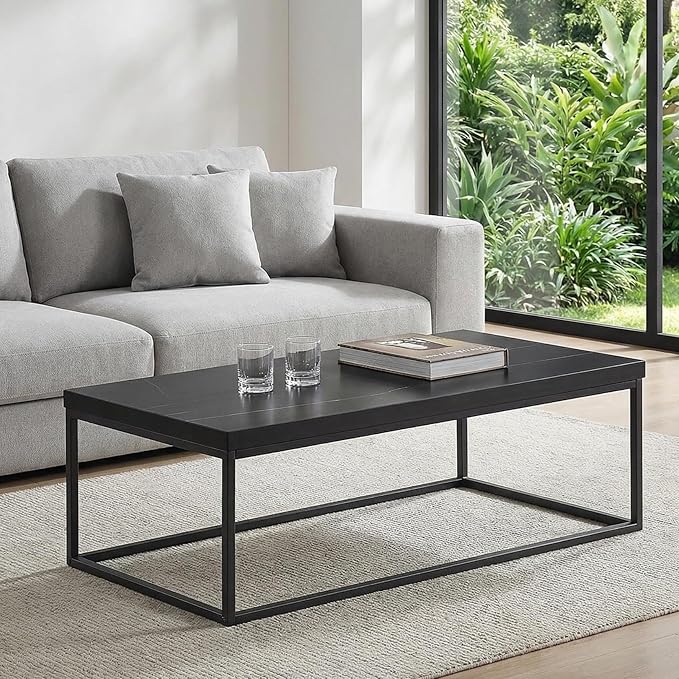 CENSI Modern Black Marble Coffee Table for Living Room - 47" Rectangular Center Table with Extra Thick 1.6" Faux Stone Top & Sturdy Metal Frame, Industrial Cocktail Table, Easy Assembly