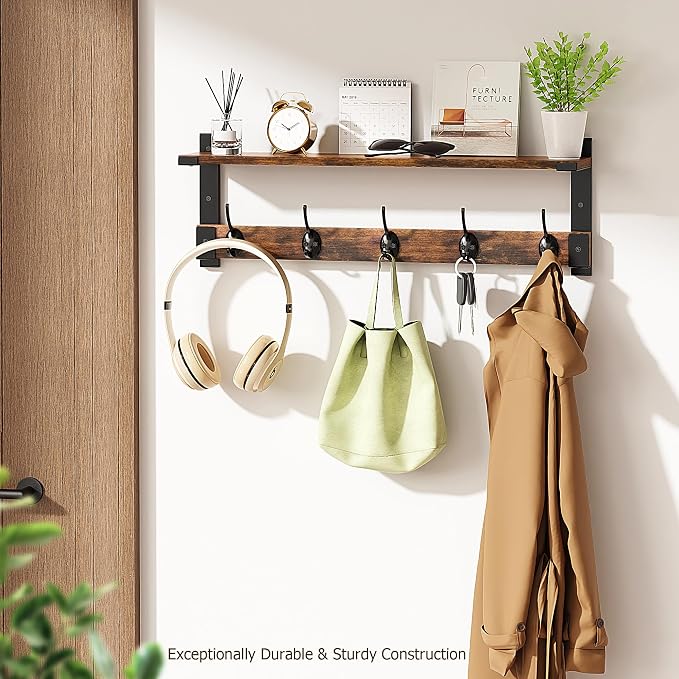 Oraich Coat Rack Wall Mount with Hooks and Shelf for Coat, Backpack, Key, Clothes Hanger, Wall Floating Shelf for Entryway, Living Room, Bathroom, Bedroom, Kitchen