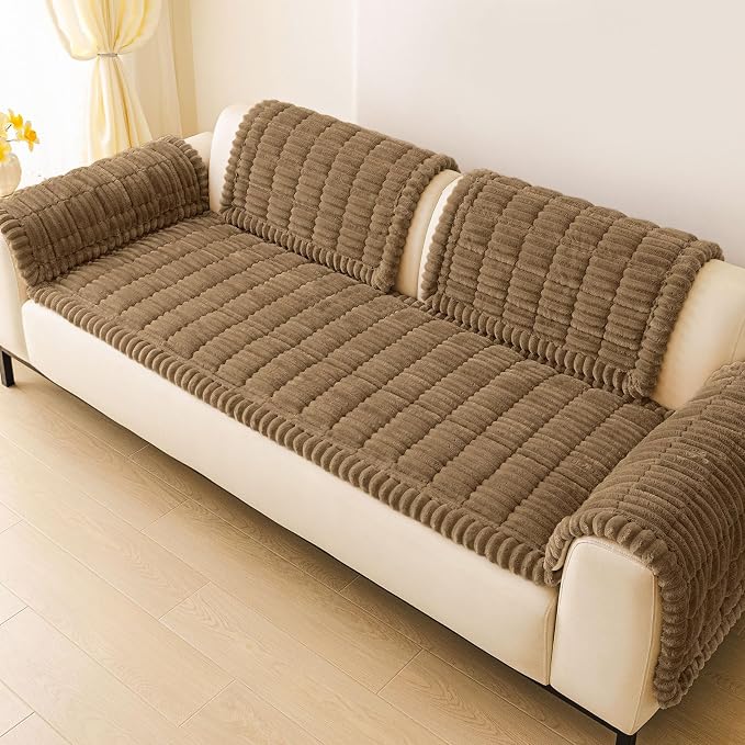 hyha Couch Cover for Dogs Washable, Non Slip Thick Flannel Sofa Protector, Pet Friendly Plush Furniture Cover for Sectional Sofa & Loveseat (Mocha, 27.6" x 82.7")