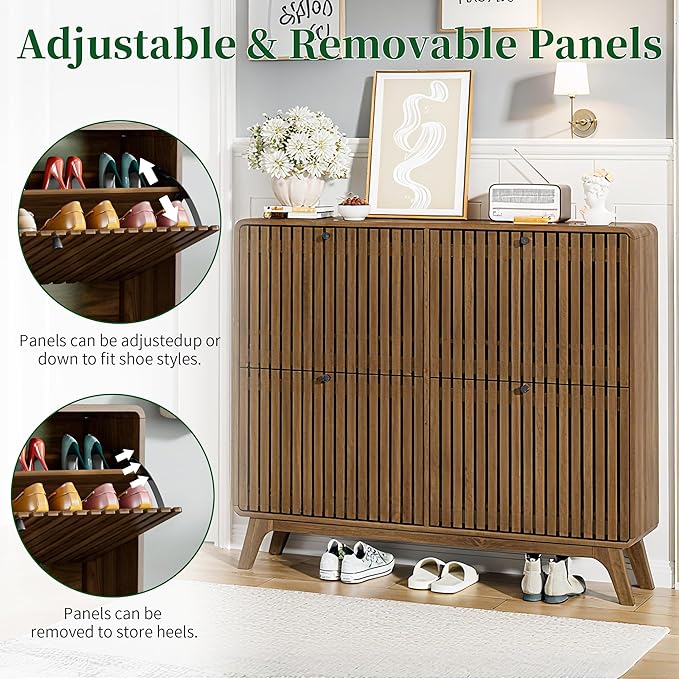 Jluomei Large Shoe Cabinet for Entryway, Bamboo Narrow Shoe Cabinet Storage with 4 Flip Drawers, Slim Fluted Shoe Rack Organizer for Entry Way, Hallway, Thin, Skinny, Wood, Walnut