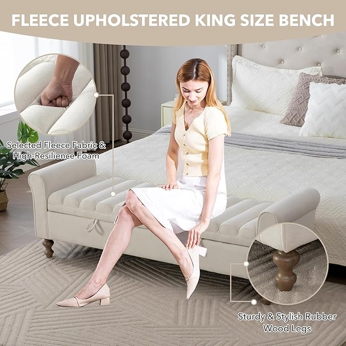 65.55" Oversize Storage Ottoman Bench, Fleece Upholstered End of Bed Benches with Rolled Armrest, Modern King Size Benches with Rolled Armrest, Window Bench (Beige+Single-Cover)
