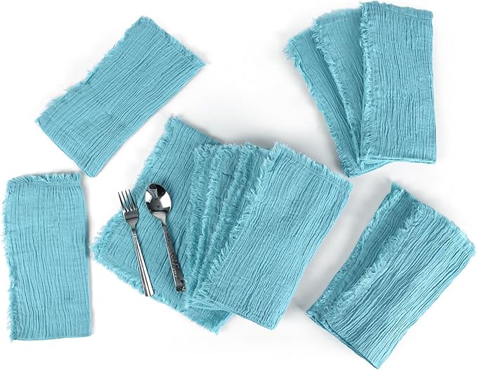 FINGERCRAFT Cloth Napkins Natural Cotton Cheesecloth Set of 12 Premium Fringe Design Dinner Napkin Soft Durable Ideal for Dining Room, Restaurant, Weddings Events Washable Good Absorbency Aqua Marine