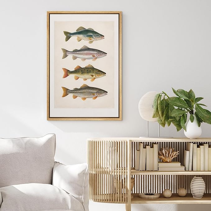 MUDECOR Framed Canvas Print Wall Art Vintage Freshwater Fish Scientific Illustrations Minimalism Decorative Bohemian Zen for Living Room, Bedroom, Office - 16"x24" NATURAL