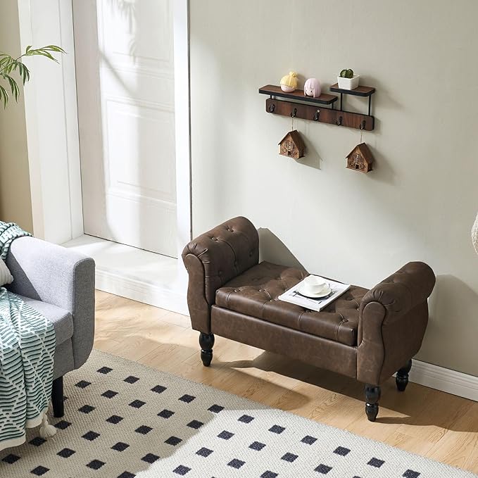 Armed Storage Bench for End of Bed, Modern Brown Bedroom Bench with Wood Legs Upholstered Faux Leather Entryway Bench with Storage, Button Tufted Window Bench for Living Room, Reception
