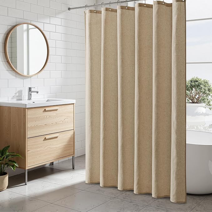 Naturoom Extra Long Linen Shower Curtain 96 Inch Long for Bathroom Boho Farmhouse Fabric Shower Curtains Set with Hooks Neutral Cloth Modern Cottage Core Waterproof,Eggshell Beige