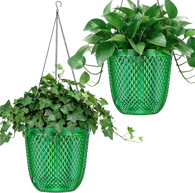 QCQHDU Hanging Planters for Indoor Plants, 2-Pack, 5.7 Inch, Emerald | Plastic, Self Watering Plant Hanger, with Drainage Holes, 3 Hooks Chains, For Garden Home