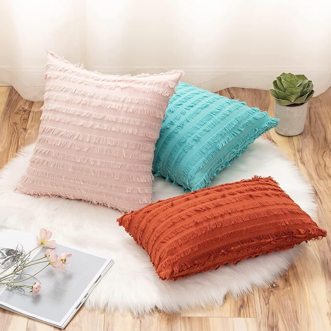 MIULEE Set of 2 Fall Decorative Boho Throw Pillow Covers Linen Striped Jacquard Pattern Cushion Covers for Sofa Couch Living Room Bedroom 16x16 Inch Burnt Orange