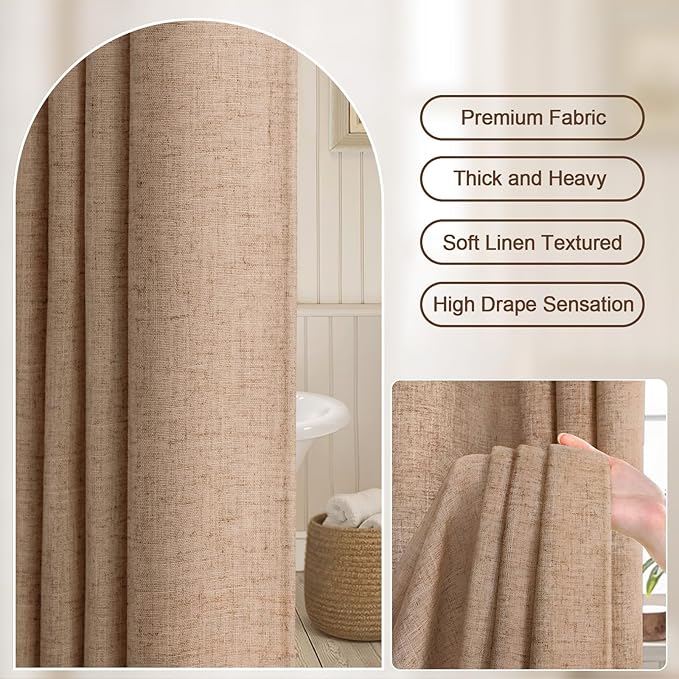 Brown Linen Shower Curtain for Bathroom, Neutral Boho Farmhouse Textured Fabric with Hooks, 72 x 72