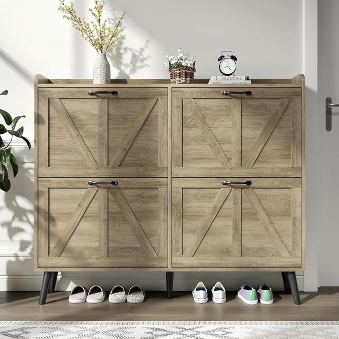 Shoe Cabinet with 4 Flip Drawers, Farmhouse Shoe Cabinet Storage for Entryway Slim, Freestanding Shoe Organizer Hidden Shoe Rack Cabinet with Wooden Legs, Rustic Oak
