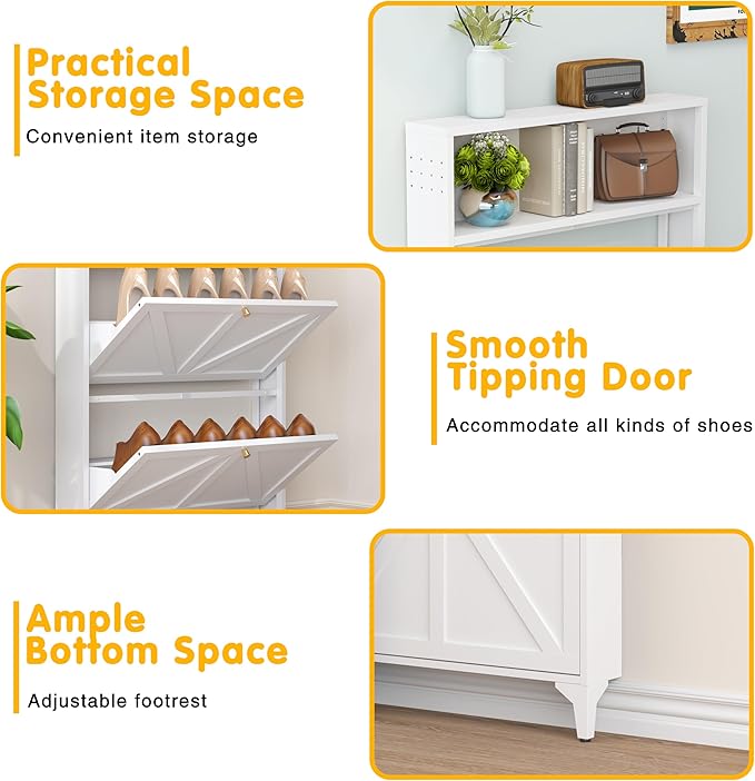 Farmhouse Shoe Storage Cabinet with 2 Flip Drawers, Slim Shoe Cabinets and Barn Door Design, Modern Hidden Slim Narrow Shoe Rack Cabinet for Foyer, Front Door,Living Room,Hallway, White