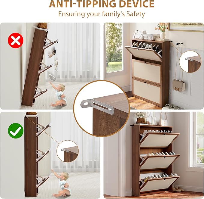 31.5" Mid-Century Slim Narrow Shoe Storage Cabinet for Entryway, Hidden 3 Tier Wood Shoe Storage Organizer with Non-Divider Flip Drawer for Hallway, Living Room,Apartment (Walnut)