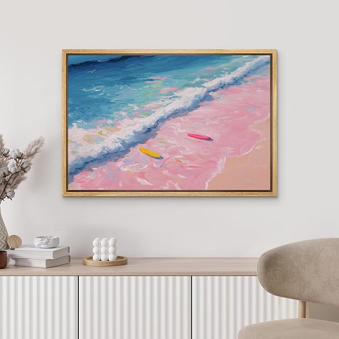MUDECOR Framed Canvas Print Wall Art Pink Shoreline Waves with Surfboards Coastal Scene Illustrations Minimalism Decorative Bohemian Zen for Living Room, Bedroom, Office - 24"x36" NATURAL