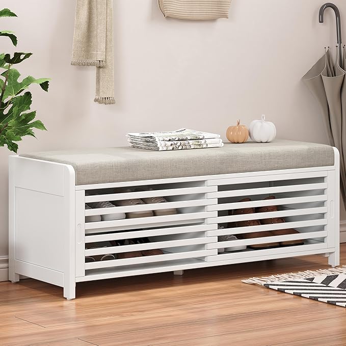 Ball & Cast 43.3" Wood Frame Entryway Storage Bench w/Shutter-Style Sliding Door & Shelf, Modern Shoes Rack Cabinet Benches with Movable Upholstered Seat for Living Room Bedroom Hallway, White
