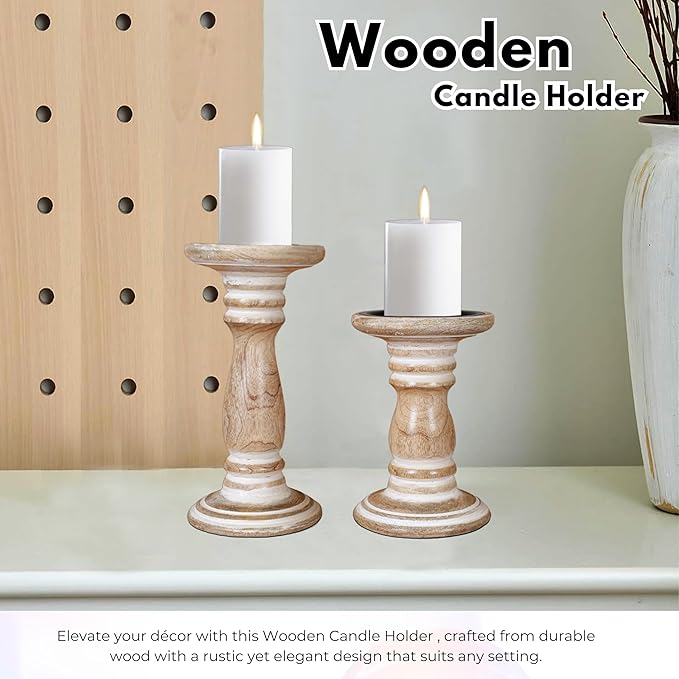 Wooden Candle Holder Set of 2 (8" & 6") - Handcrafted Pillar Candle Stand - Rustic Mango Wood Decorative Candle Holders for Home, Mantel, and Table Décor - Distress White