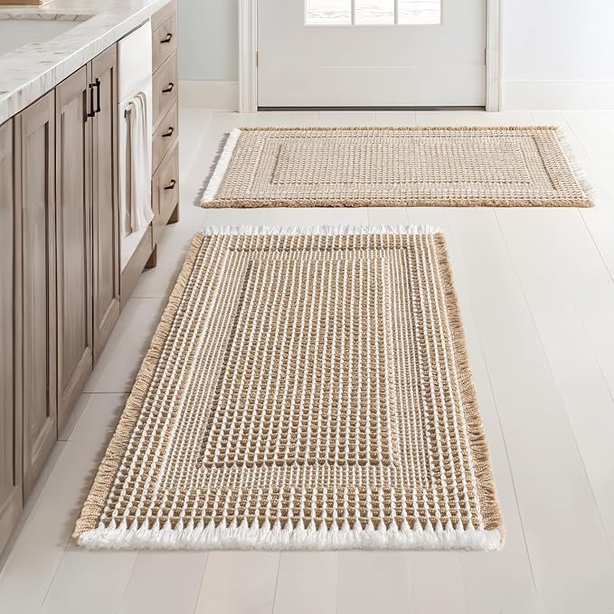 MIULEE Set of 2 Waffle Bathroom Rugs, Boho Bath Rug Super Absorbent, Non Slip Washable Ultra Soft Rubber Backed Shower Bath Mats for Floor, Tub, Shower, Looped Design, Brown & White, 24x36 Inch