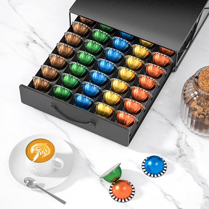 HFHOME Coffee Pod Holder Compatible with 50 VertuoLine, Coffee Capsules Drawer for 40 K Cup, Metal Pod Storage Drawer Organizer for Vertuo Capsules for Home Office Counter