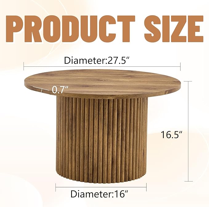 JUFU Round Coffee Table with Storage, 27.5IN Minimalist Fluted Coffee Table Circle Wood Center Table for Living Room (Wooden Coffe Table)