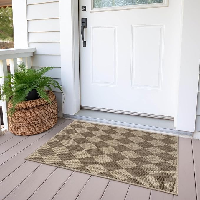 Rugalia Easy Jute Checkered Entryway Rug, 2x3 Brown Modern Indoor Outdoor Doormat, Washable Non-Slip Neutral Small Kitchen Rug Farmhouse Diamond Throw Rugs for Entrance Bedroom Bathroom