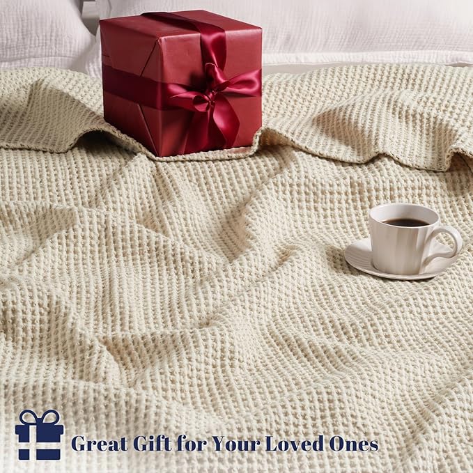PHF Pre-Washed 100% Cotton Waffle Weave Blanket Queen Size for Bed,Snag Proof Throw Blanket for Couch Spring Summer Lightweight Breathable,Machine Washable, Home Decor Gift - Linen/Stone