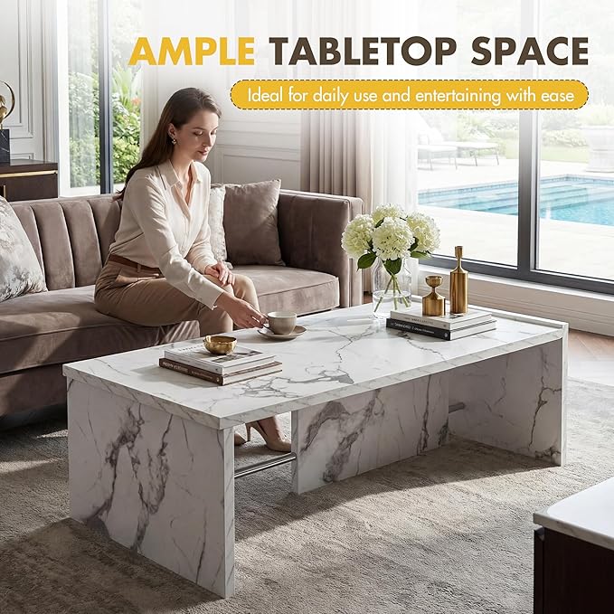 Hyfirm Faux Marble Coffee Tables for Living Room: Rectangular Modern Minimalist Coffee Table with Sturdy Frame Contemporary Accent Tables for Office Apartment Family Room Center Table (Marble White)