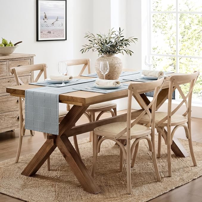 ZeeMart Linen Checked Farmhouse Table Runner, 13x60 Inches Chambray | Raised Grid Design, Rich Woven Texture, Linen Blend Table Runners 60 Inches Long, Machine Washable, Boho Home Kitchen Decor