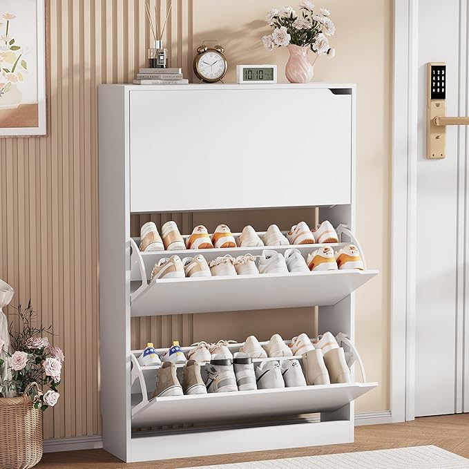 Shoe Storage Cabinet, Wood Shoe Organizer for Entryway with 3 Flip Drawers, Freestanding Shoe Rack with Adjustable Shelf, Narrow Shoe Dresser for Front Door Entrance(White, 47.2" x 31.5" x 9.25")
