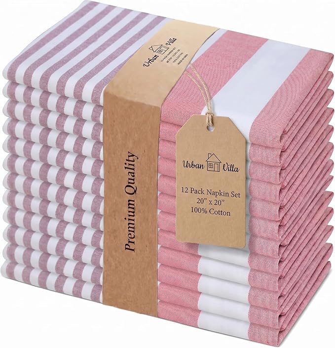 Urban Villa Cloth Napkins 100% Cotton Highly Absorbent Washable Reusable Premium Dinner Napkins Ideal for Gifts for Mothers Day Hotel Farmhouse Parties - Garnet Red Stripes (20" x 20", Set of 12)