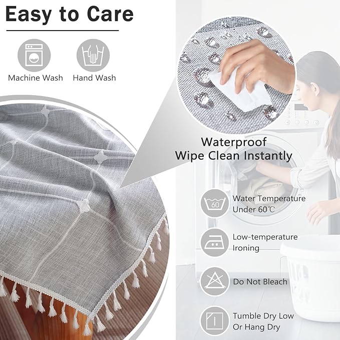 JIALE Heavy Duty Table Cloth Cotton Linen Waterproof Tablecloths Farmhouse Tablecloth, Soft and Wrinkle Free Table Cover with Tassels, Square, 55''x55'', Grey Gingham