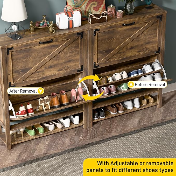Shoe Storage Cabinet with 2 Flip Drawers, 5 Tier Narrow Hidden Shoe Cabinet for Entryway, Slim Wooden Farmhouse Shoe Rack Organizer Cabinets, Rustic Brown