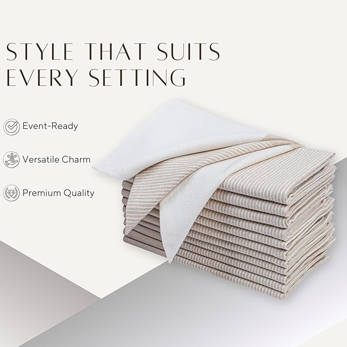 Palisa 100% Cotton Cloth Dinner Napkins [Pack of 12, Beige] Striped Pattern Reusable Table Linen Napkins for Home & Kitchen | Parties & Farmhouse Dining Décor 18x18 Inch