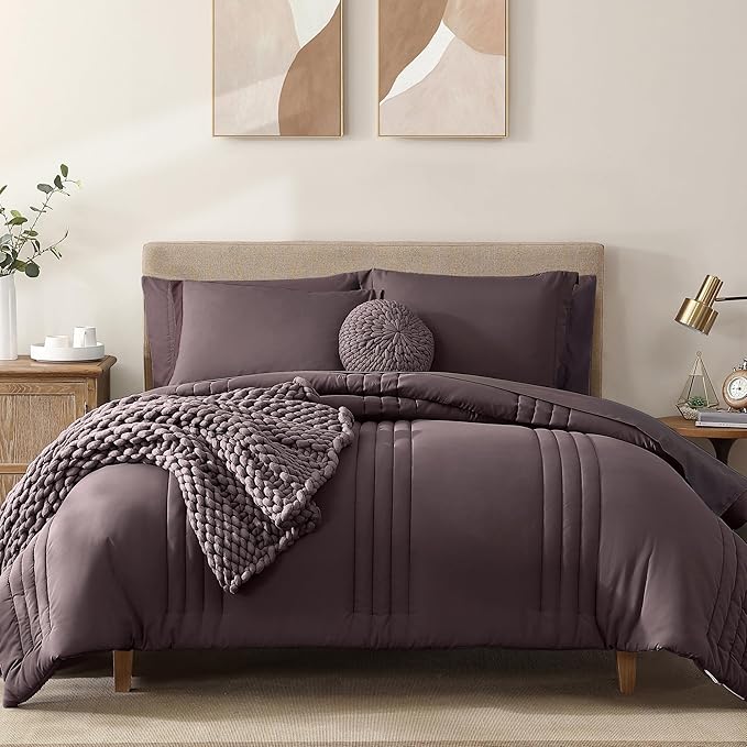 Monbix Queen Comforter Set - 7 Pieces ltalian Plum Bed in a Bag Queen Bedding Sets with Comforters, All Seasons Comforter Bed Set with Sheets, Pillowcases & Shams