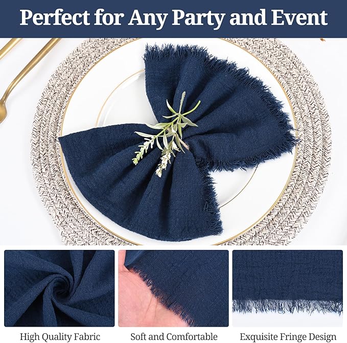 50 Pack Navy Blue Handmade Cloth Napkins 16 x 16 Inch Cotton Linen Napkins with Fringe, Washable and Reusable Napkins, Soft Rustic Boho Fringe Cloth Napkins for Dinners,Parties, Wedding