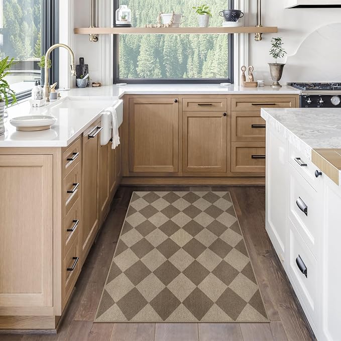 Rugalia Easy Jute Checkered Entryway Rug, 2.6x4 Brown Modern Indoor Outdoor Doormat, Washable Non-Slip Neutral Kitchen Rug Farmhouse Diamond Throw Rugs for Entrance Bedroom Bathroom