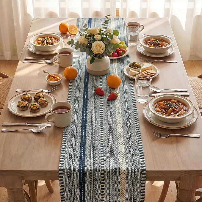 Artoid Mode Dark Blue Farmhouse Woven Table Runner, Seasonal Holiday Rustic Kitchen Dining Table Decoration for Home Party Decor 12x36 Inch