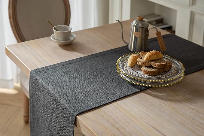 ZeeMart Burlap Style Farmhouse Table Runners 90 Inches Long, Grey Rustic Woven Dining Table Runner for Everyday Use, 14x90 Inches, Graphite Grey