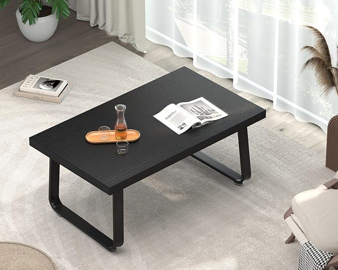 HSH Black Modern Coffee Table, Rustic Wood and Metal Center Table, Farmhouse Simple Living Room Coffee Tables, Industrial Minimalist Wooden Tea Coffee Table for Bedroom Home Office, Black Oak, 39 in