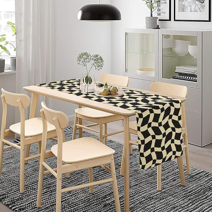 Retro Checkered Table Runner 60s 70s Vintage Twisted Black White Groovy Trendy Wavy Hippie Grid Dinner Runner for Home Kitchen Dining Table Party Holiday Decor 13"x36"