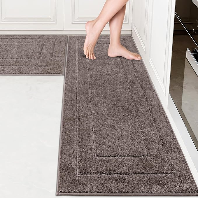 PURRUGS Machine Washable Kitchen Rug Set [2 PCS] (24" x 35.5"+ 24" x 59"), Non-Slip/Skid Kitchen Runner Rugs & Floor Mats, Super Absorbent Soft Standing Mats for Kitchen, Laundry & Sink, Grayish Brown