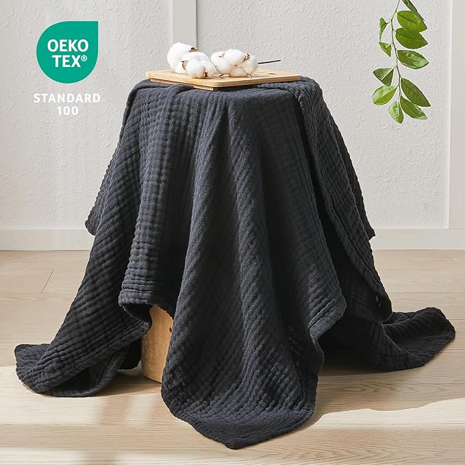 EMME Cotton Muslin Twin Blanket Breathable Gauze Blanket Soft Lightweight Blankets Adults Gifts for Women (Black, 60"x80")