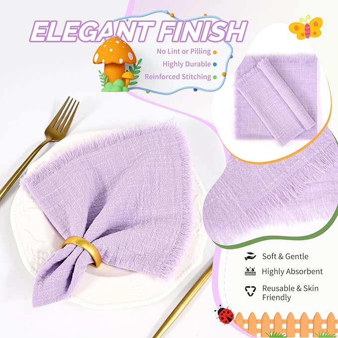 Showgeous 30 Pack Lavender Cloth Napkins with Fringe 16x16 inch 100% Cotton Purple Napkins Handmade Dinner Napkins Bulk Washable Soft Rustic Table Napkins for Wedding Parties Bridal Baby Shower