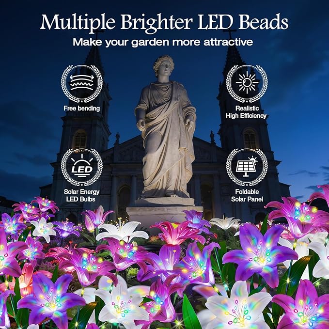Upgrade Solar Lights Outdoor Garden Decor: 2 Pack Solar Lily Flowers, 10 Colored Blooming Lilies with Glowing Stems, Waterproof Decorative Light for Yard Patio Flower Bed, Gifts for Women