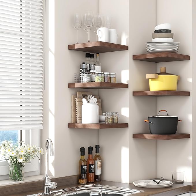 Square Floating Shelves for Wall 8"W x 8"D x 1.2"H, Small Engineered Wood Wall Shelves with Invisible Brackets for Living Room Bedroom Bathroom Office Kitchen Storage & Decor, Walnut Finish, Set of 3
