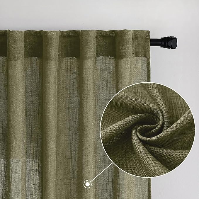 MIULEE Light Olive Green Linen Curtains 96 Inches Long 2 Panels for Bedroom Living Room, Soft Linen Textured Natural Window Drapes Semi Sheer Light Filtering Back Tab Rod Pocket Burlap Look Decor