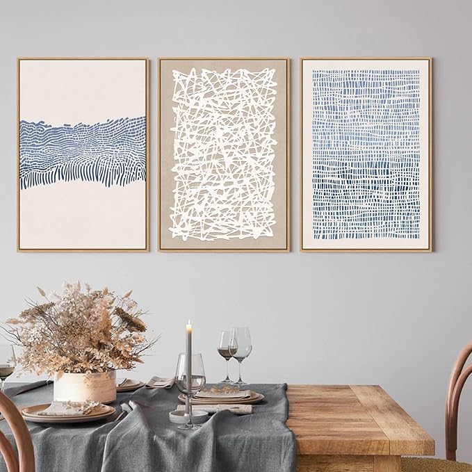SAFERRYHOME Blue Neutral Contrast Abstract Boho Wall Art Framed Canvas Print Set, Mid Century Modern Minimalist Lines Geometric Pattern for Living Room, Bedroom, Office - 3 Panels 16x24 Inch