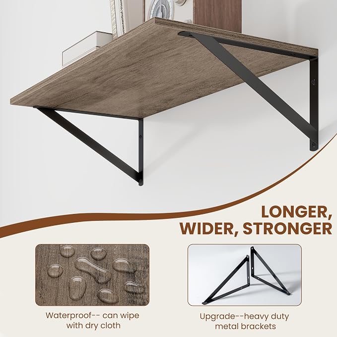 Heimlove Deep Floating Shelves for Wall, 24W x 12D Rustic Grey Wood Wall Shelves Set of 2, Large Floating Shelf for Living Room, Kitchen, Office, Bedroom and Decor Storage, with Metal Bracket - Grey
