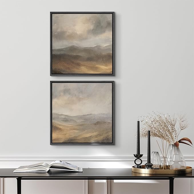 SIGNFORD Framed Canvas Print Wall Art Set Neutral Toned Mountain Landscape Abstract Earthy Illustrations Modern Art Minimal Relax/Calm for Living Room, Bedroom, Office - 24"x24"x2 Black