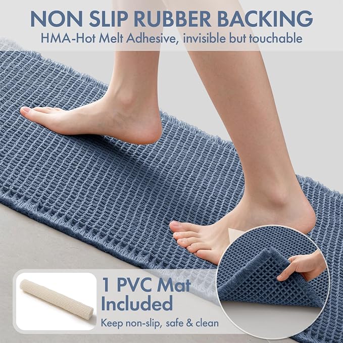 MIULEE Waffle Bathroom Runner Rugs, Super Absorbent Non Slip Bath Rug, Upgraded Soft Quick Dry Washable Boho Long Bath Mat with Tassels for Hallway Laundry Room Bedroom, 2'x4' (24"x48"), Blue