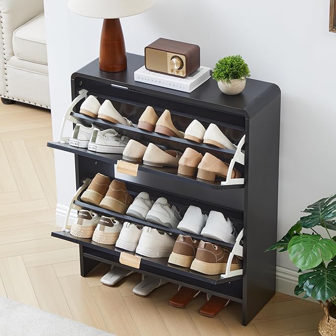 Narrow Shoe Cabinet, Wood Shoe Rack for Entryway with 2 Flip Drawers, Mid-Century Modern Slim Shoe Storage Cabinet Freestanding Hidden Shoes Organizer for Foyer, Hallway (Black, 27.56'')