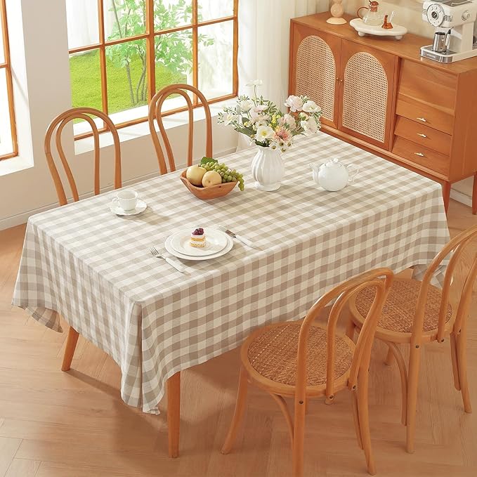Beige Gingham Tablecloth, Neutral Checkered Table Cloth Cotton Linen Fabric, Washable Wrinkle Free Tan Buffalo Plaid Table Cover for Farmhouse, Dining, Kitchen Party 60"x120" Rectangle